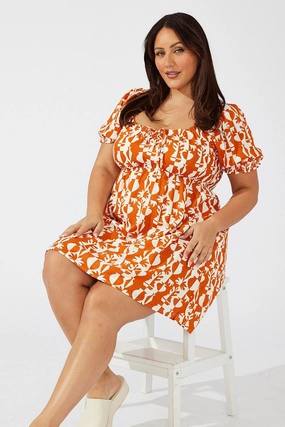 Brown Abstract Mini Dress Puff Sleeve Linen Blend Sophisticated Style