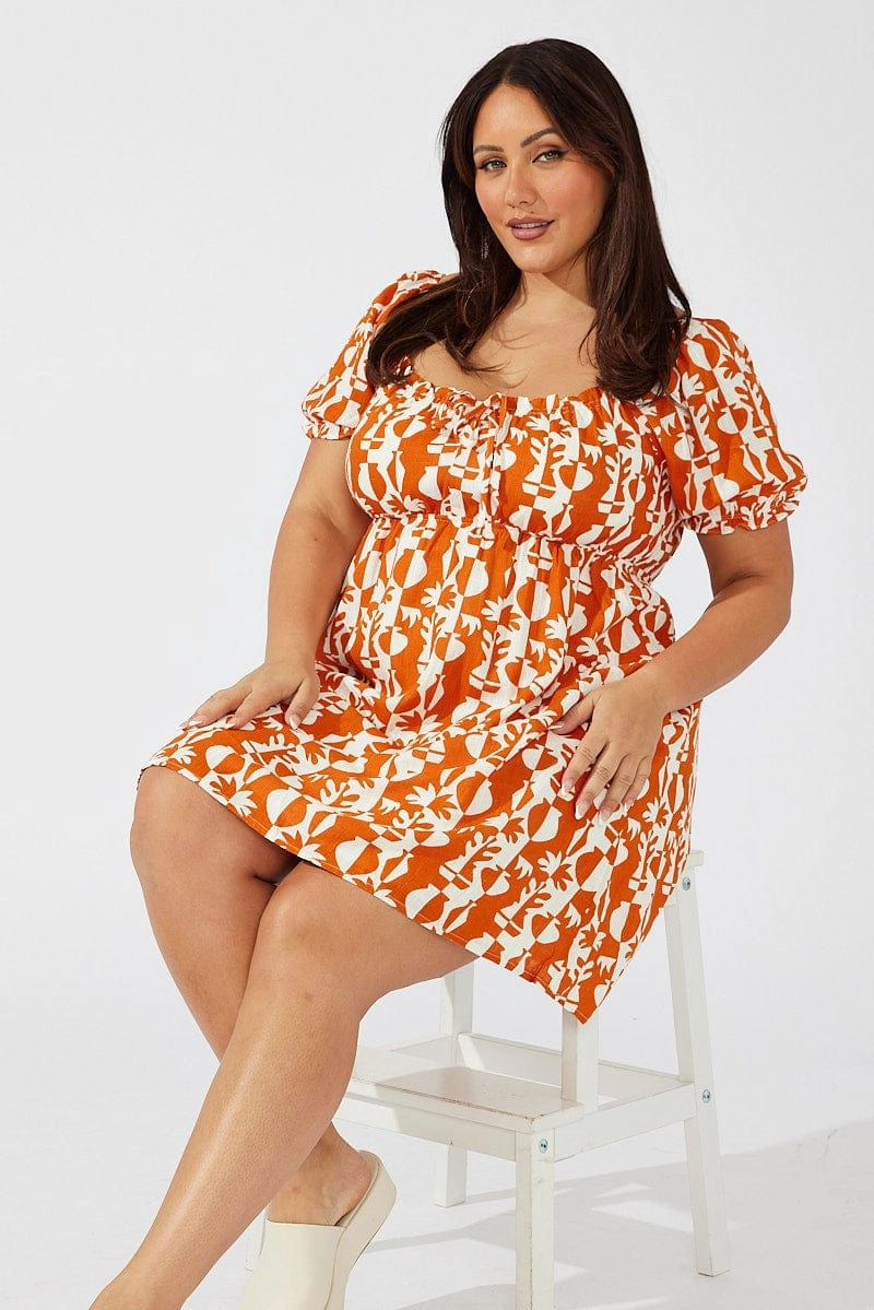 Brown Abstract Mini Dress Puff Sleeve Linen Blend Sophisticated Style