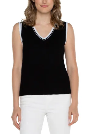 No Shrink Technology Light and Soft Comfortable Wear Fit Sleeveless V-Neck Sweater with Trim Detail