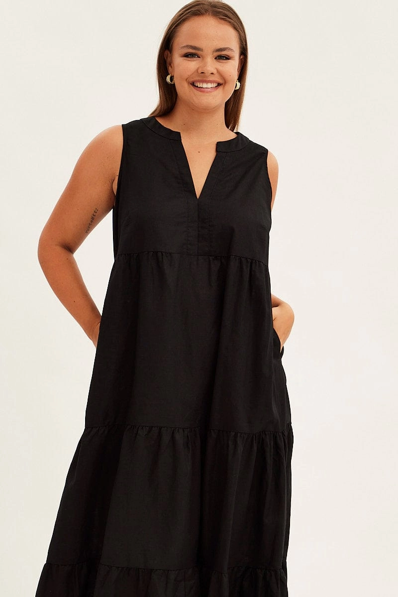 Black Maxi Dress Sleeveless Tiered Linen Blend Chilly Day Wear Work Favorite