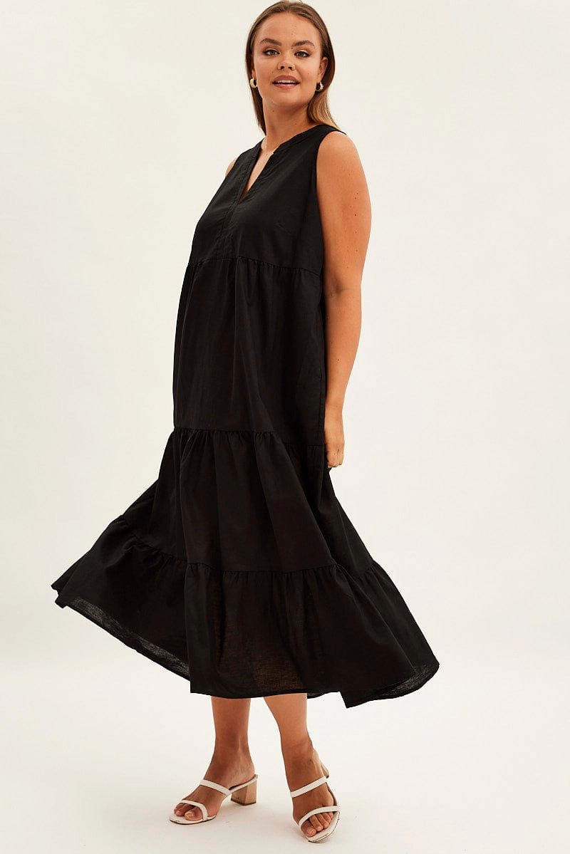 Black Maxi Dress Sleeveless Tiered Linen Blend Light Soft