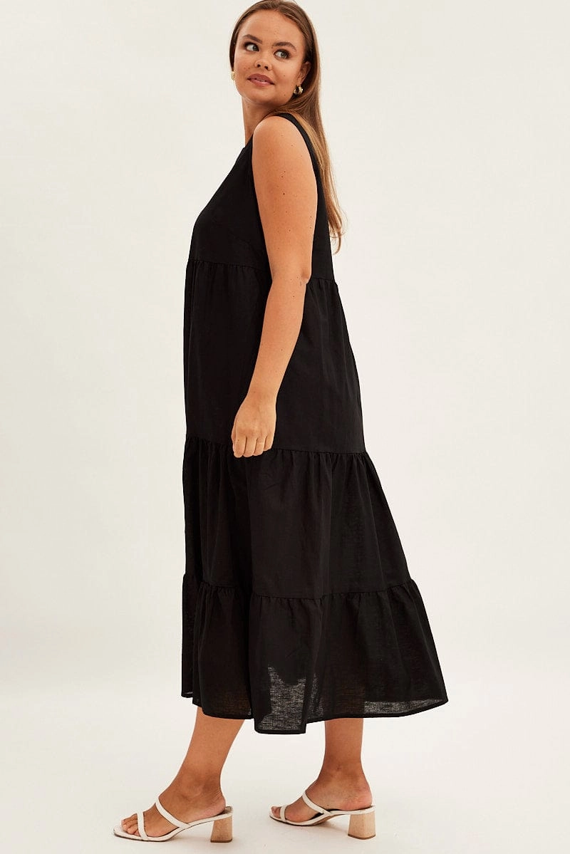 Flattering Look Fit Black Maxi Dress Sleeveless Tiered Linen Blend