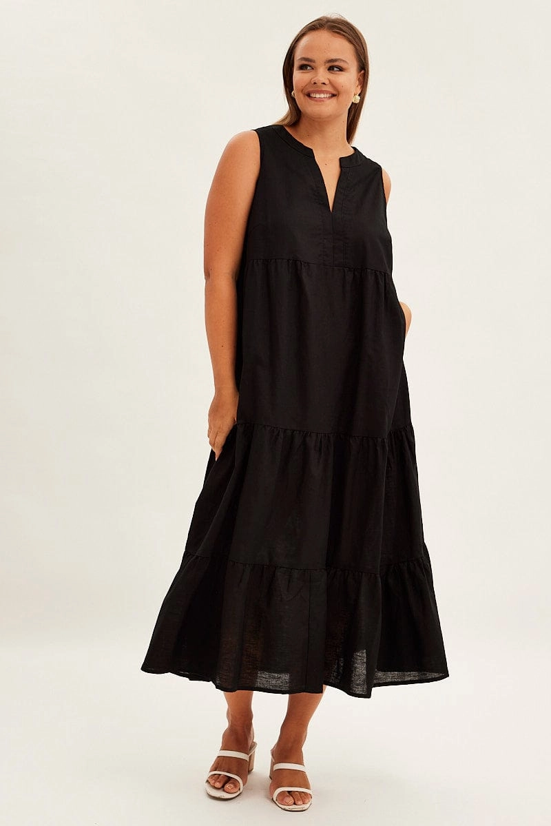 Black Maxi Dress Sleeveless Tiered Linen Blend Clean Mood
