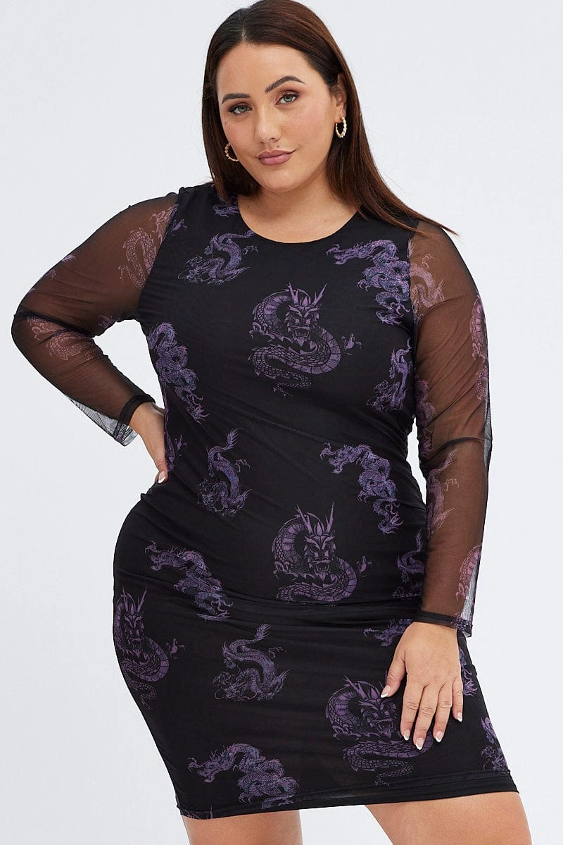 Linen Love Skirt Flare Black Print Mesh Dress Bodycon Dragon Knee Length