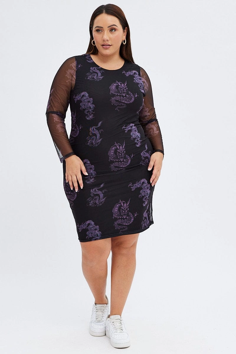 Polished Details Black Print Mesh Dress Bodycon Dragon Knee Length
