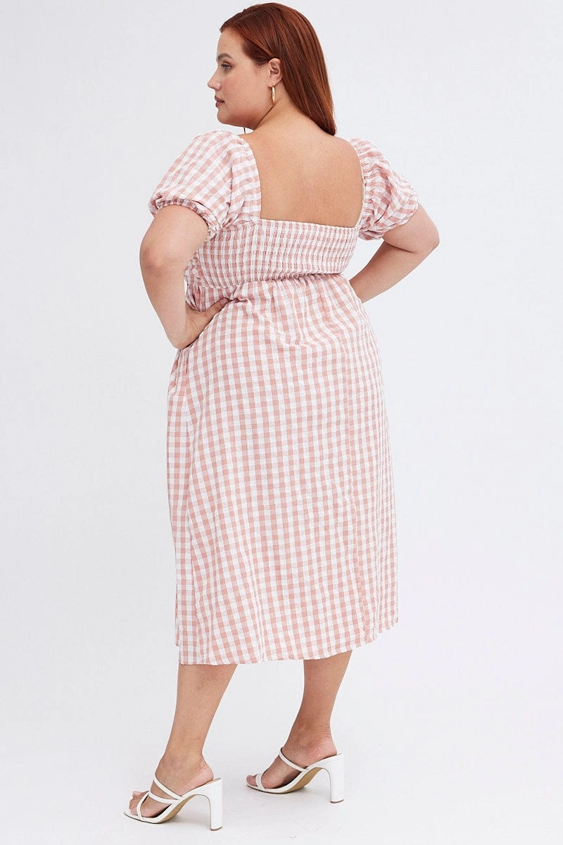 Pink Check Midi Dress Ruched Bodice Gingham Puff Sleeve Comfortable outdoor wear Elegant knee-length dress