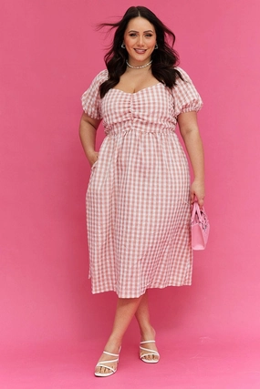 Pink Check Midi Dress Ruched Bodice Gingham Puff Sleeve Timeless Beauty