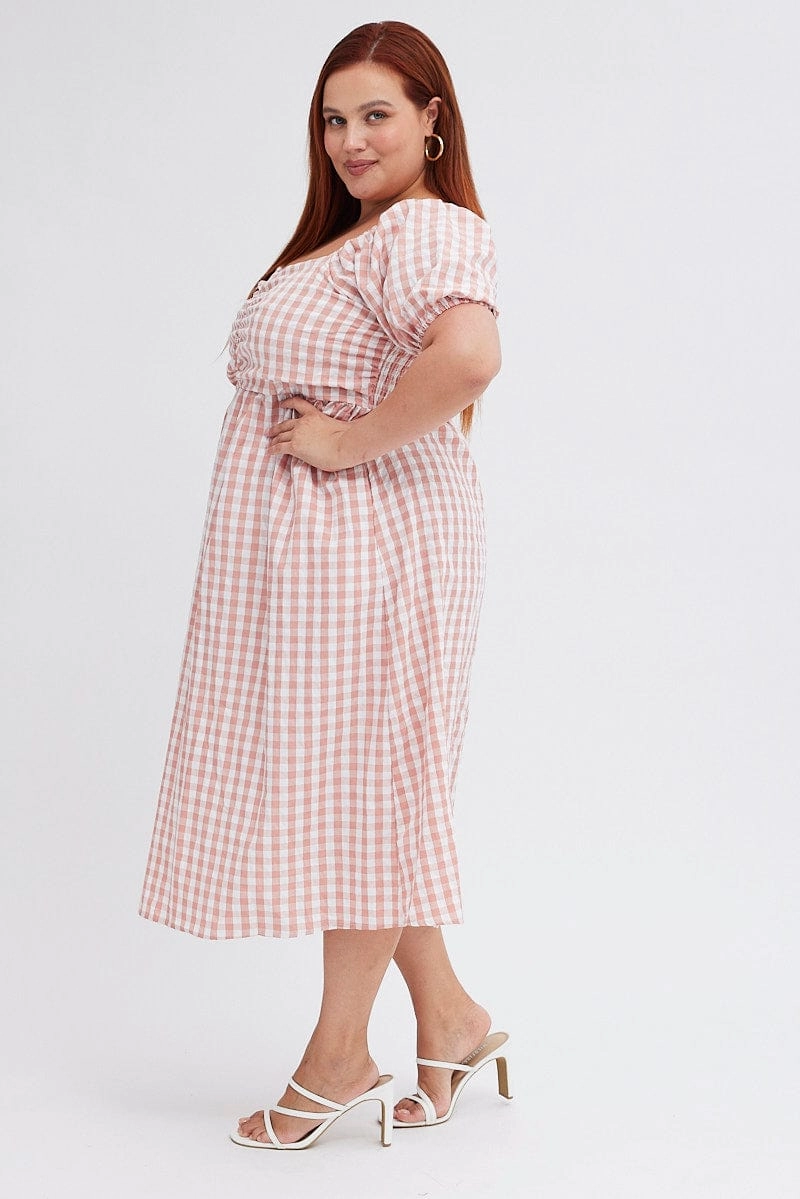 Photo Glow Pink Check Midi Dress Ruched Bodice Gingham Puff Sleeve
