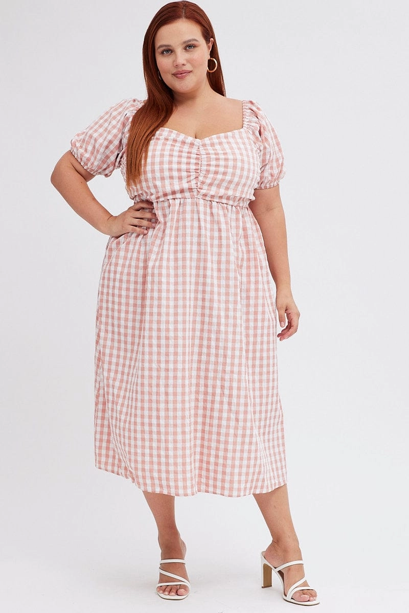 Relaxed day dress Pink Check Midi Dress Ruched Bodice Gingham Puff Sleeve