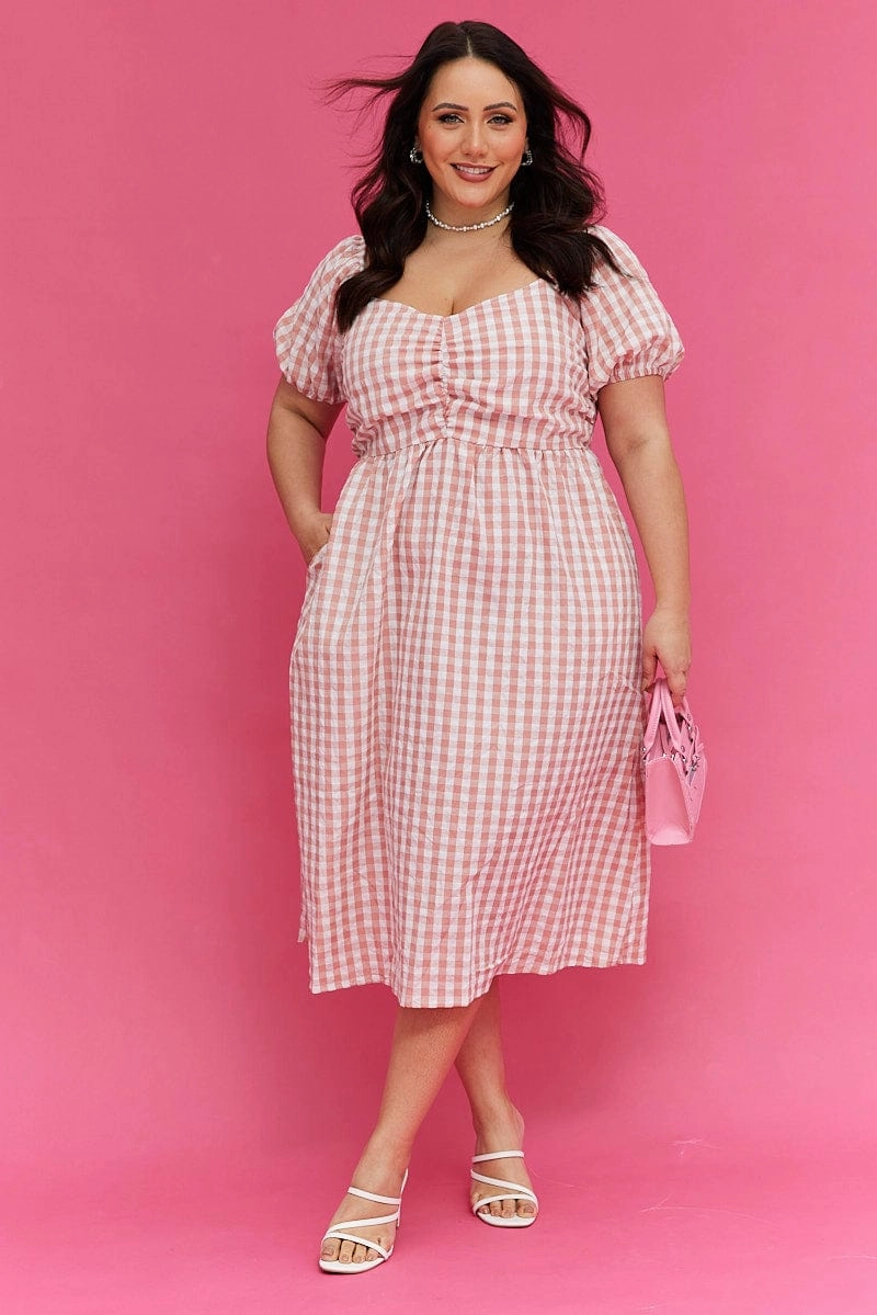 Pink Check Midi Dress Ruched Bodice Gingham Puff Sleeve Timeless Beauty