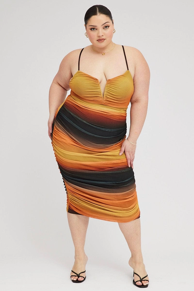 Silky Touch Multi Abstract Bodycon Dress Mesh Ruched Sunset Print Strappy