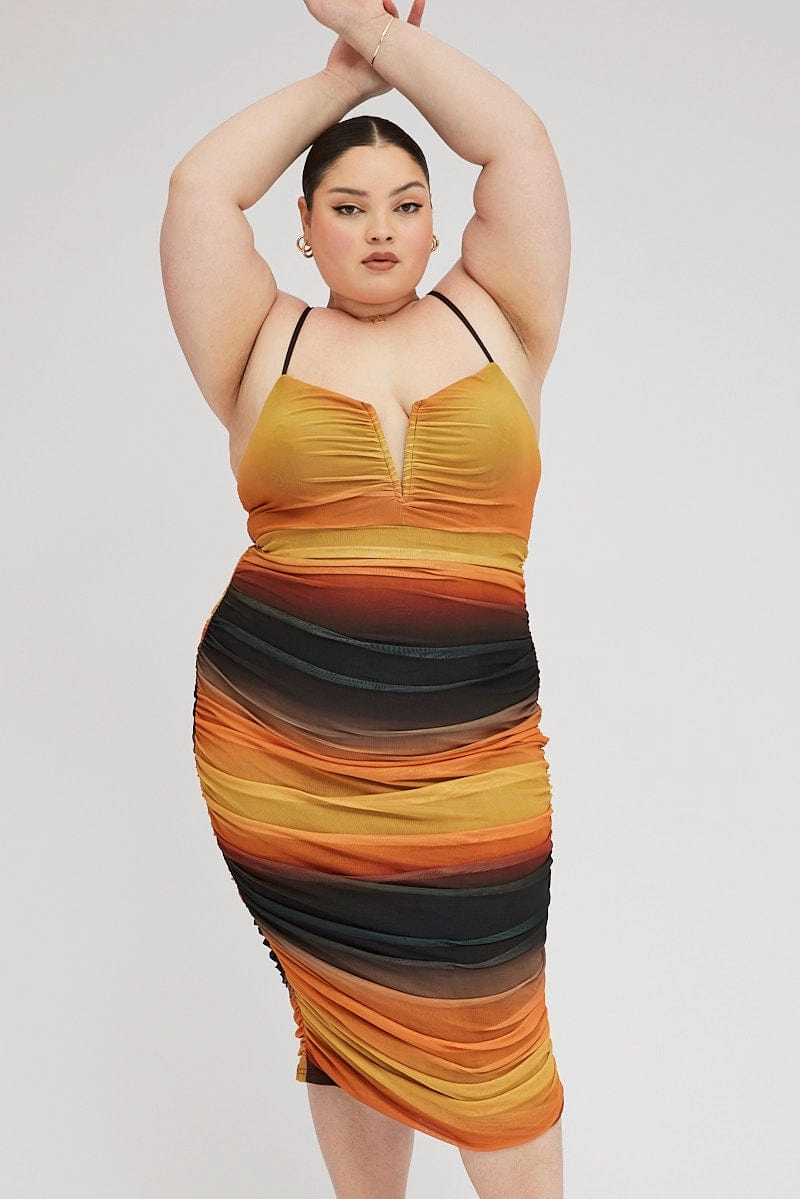 Pocket-Detail Multi Abstract Bodycon Dress Mesh Ruched Sunset Print Strappy