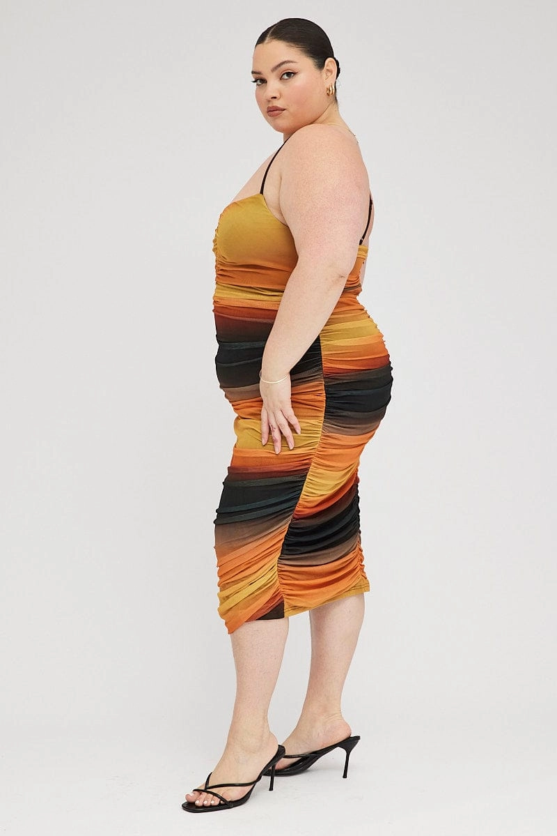 Fine Details Multi Abstract Bodycon Dress Mesh Ruched Sunset Print Strappy