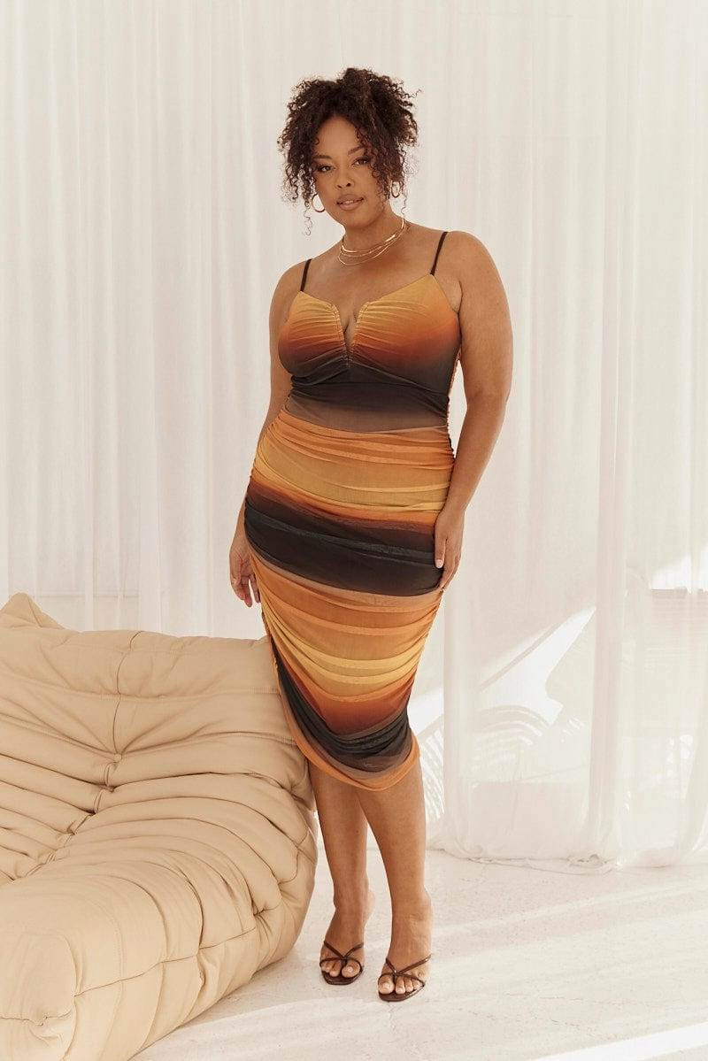 Modern Fit Multi Abstract Bodycon Dress Mesh Ruched Sunset Print Strappy
