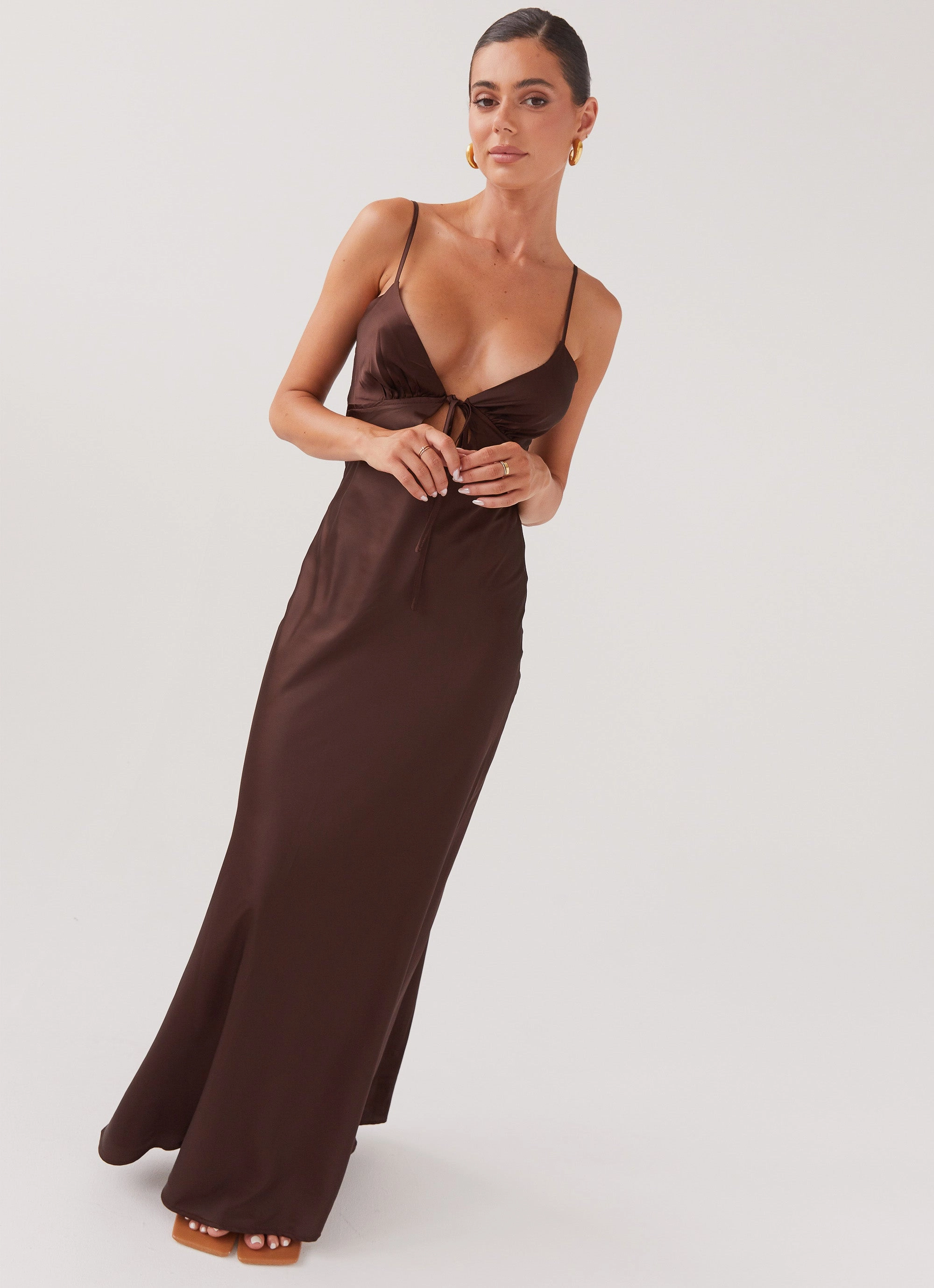 Flora Satin Maxi Dress - Chocolate Chic Fit Wear Lace Ease
