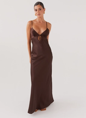 Elegant Layering Flora Satin Maxi Dress - Chocolate