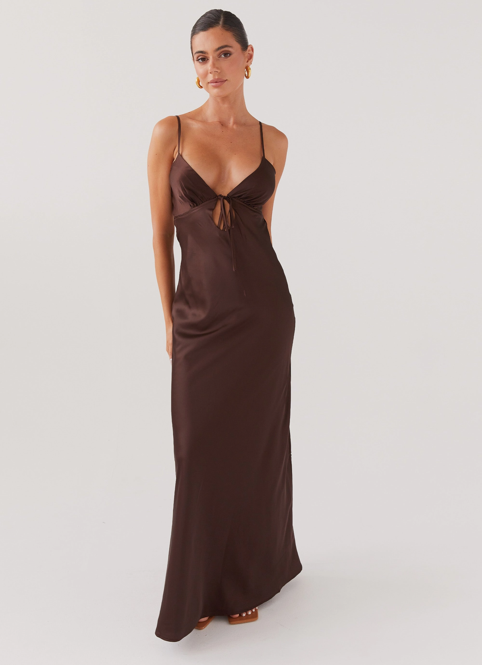 Elegant Layering Flora Satin Maxi Dress - Chocolate