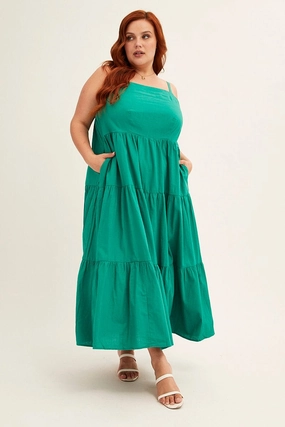 Grass Soft Artistic Vibe Green Sleeveless Cotton Maxi Dress With Pockets