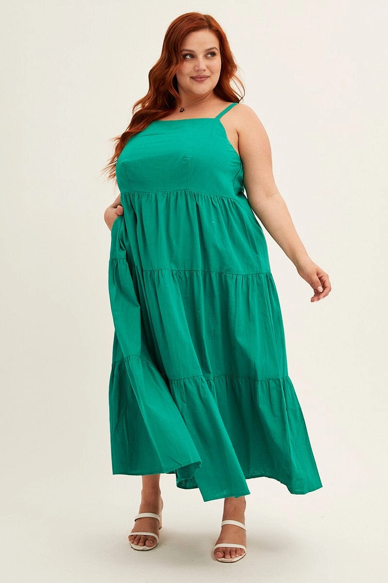 Green Sleeveless Cotton Maxi Dress With Pockets Boho Tone Night Party