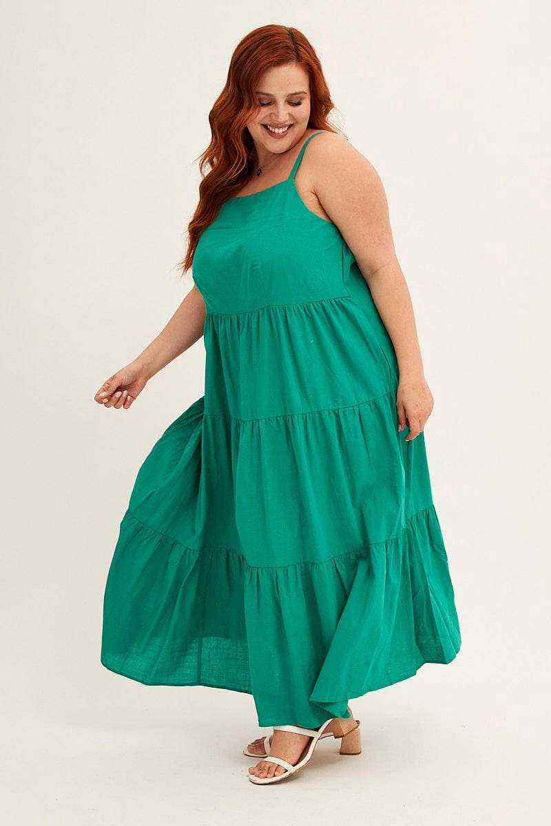Smooth Surface Green Sleeveless Cotton Maxi Dress With Pockets