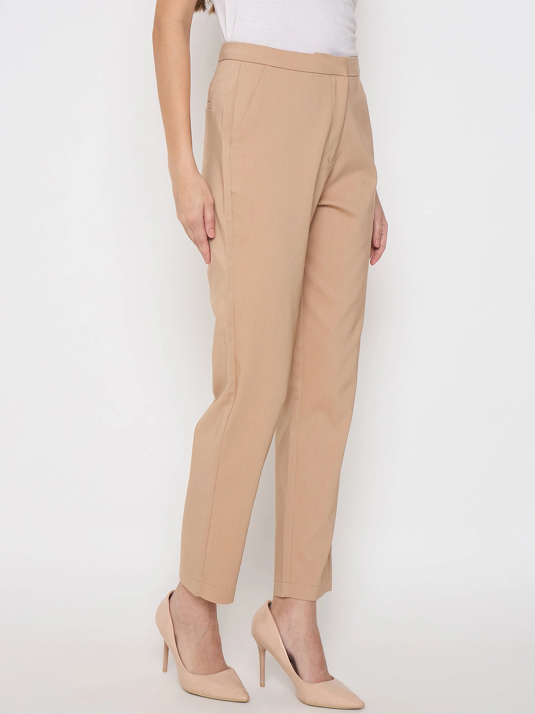 Odor Resistant Madame Alex Waist Belt Detail Solid Beige Trousers