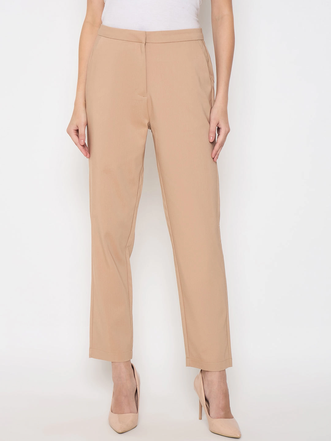 Adjustable Fit Multipurpose Design Madame Alex Waist Belt Detail Solid Beige Trousers
