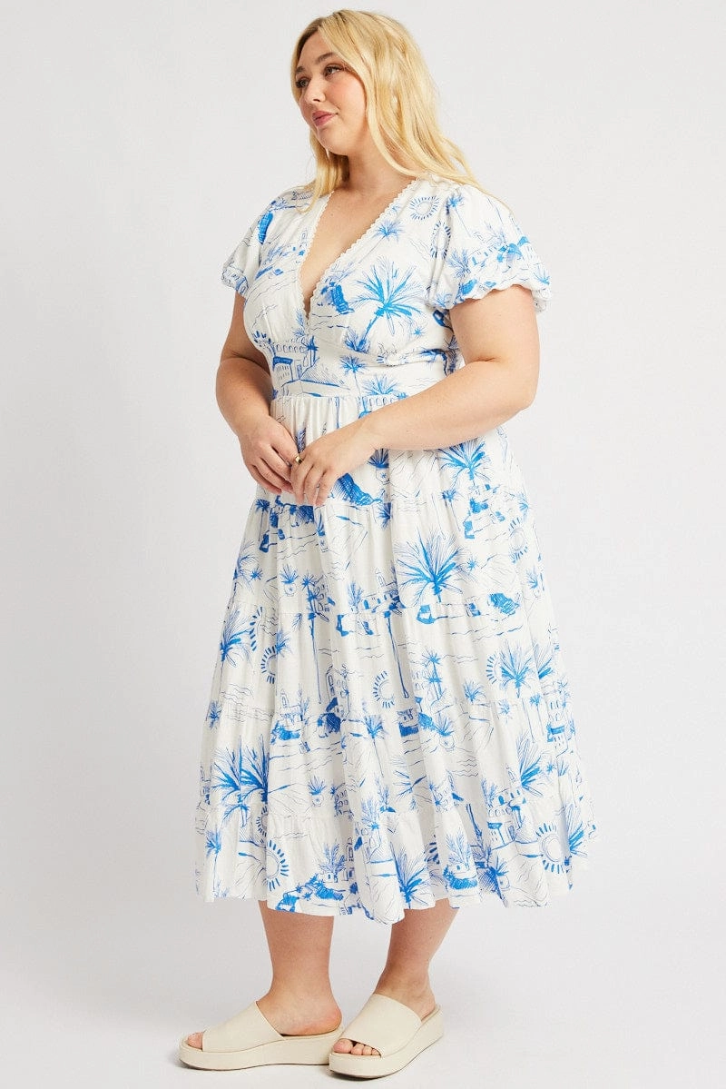 Flattering Silhouette Smooth Surface Blue Abstract Maxi Dress Short Sleeve Linen Blend