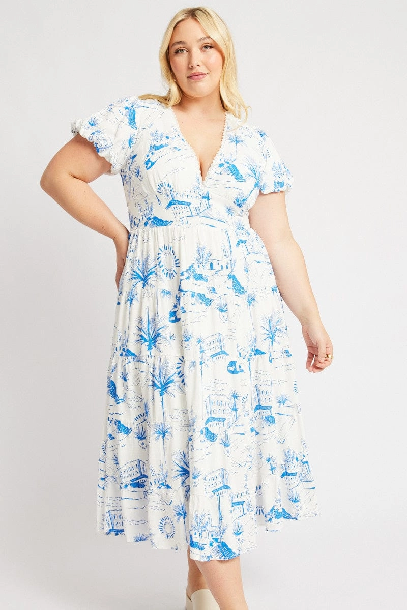 Blue Abstract Maxi Dress Short Sleeve Linen Blend High-Fashion Pastel-Tone