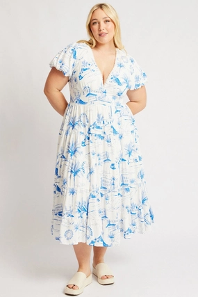 Blue Abstract Maxi Dress Short Sleeve Linen Blend Chic Silhouette