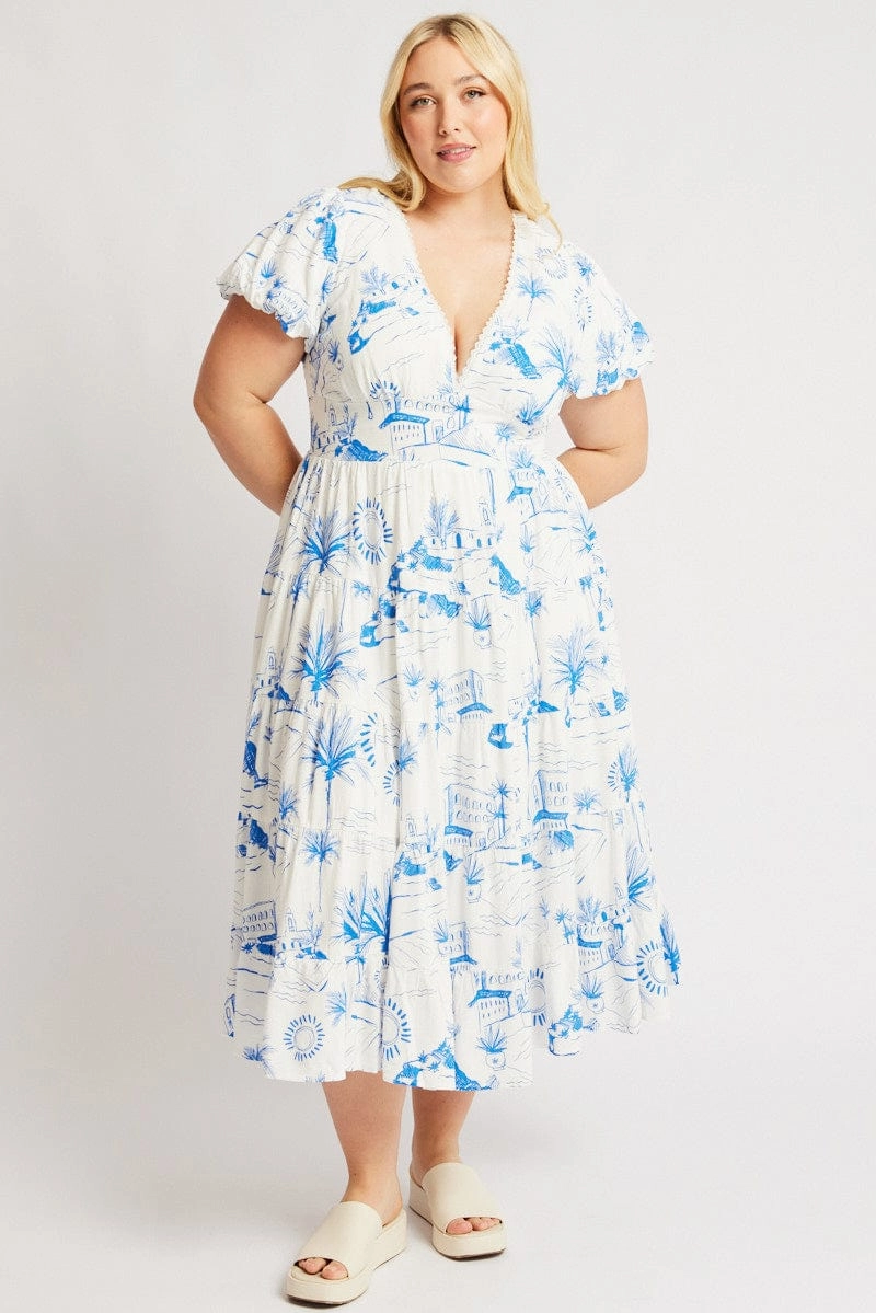 Blue Abstract Maxi Dress Short Sleeve Linen Blend Chic Silhouette