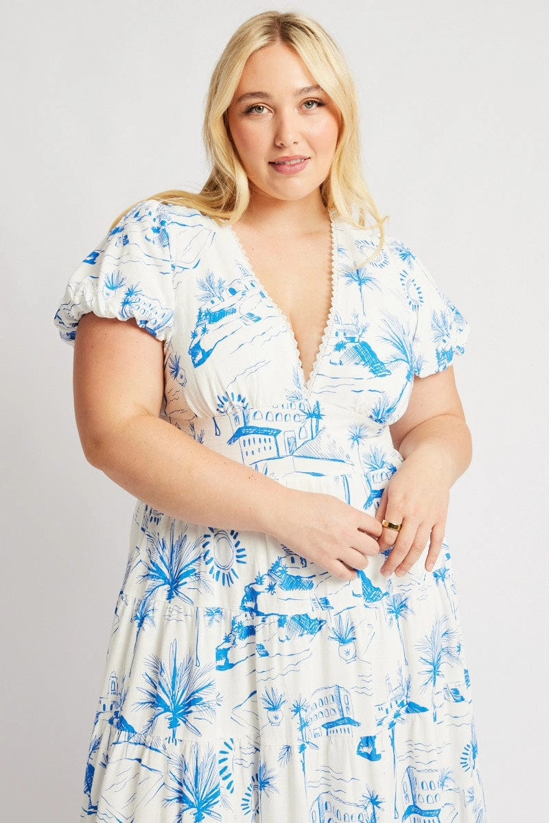 Blue Abstract Maxi Dress Short Sleeve Linen Blend Side Slit