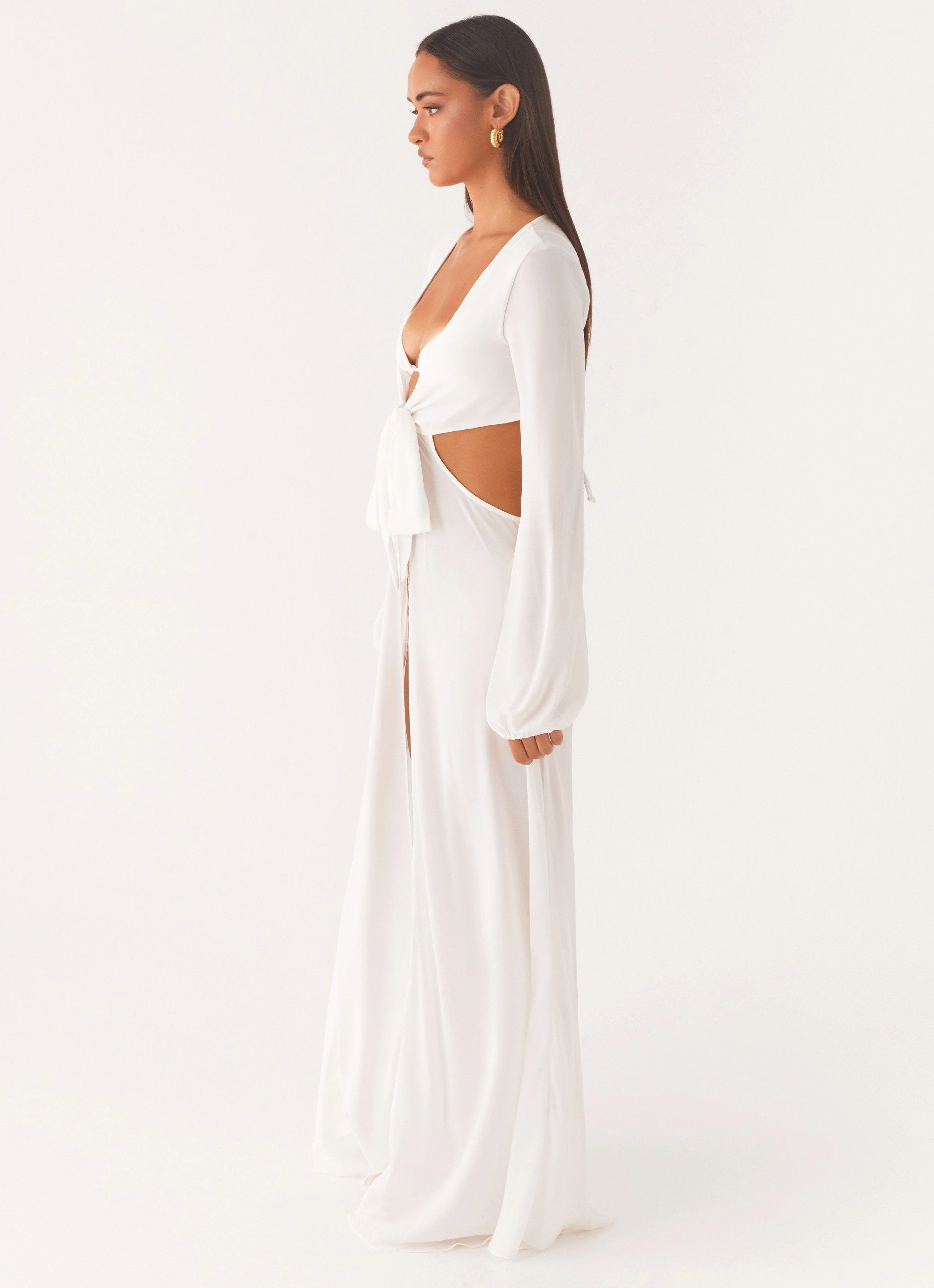 Flowy Cut Relax Draping Coastal Maxi Dress - White