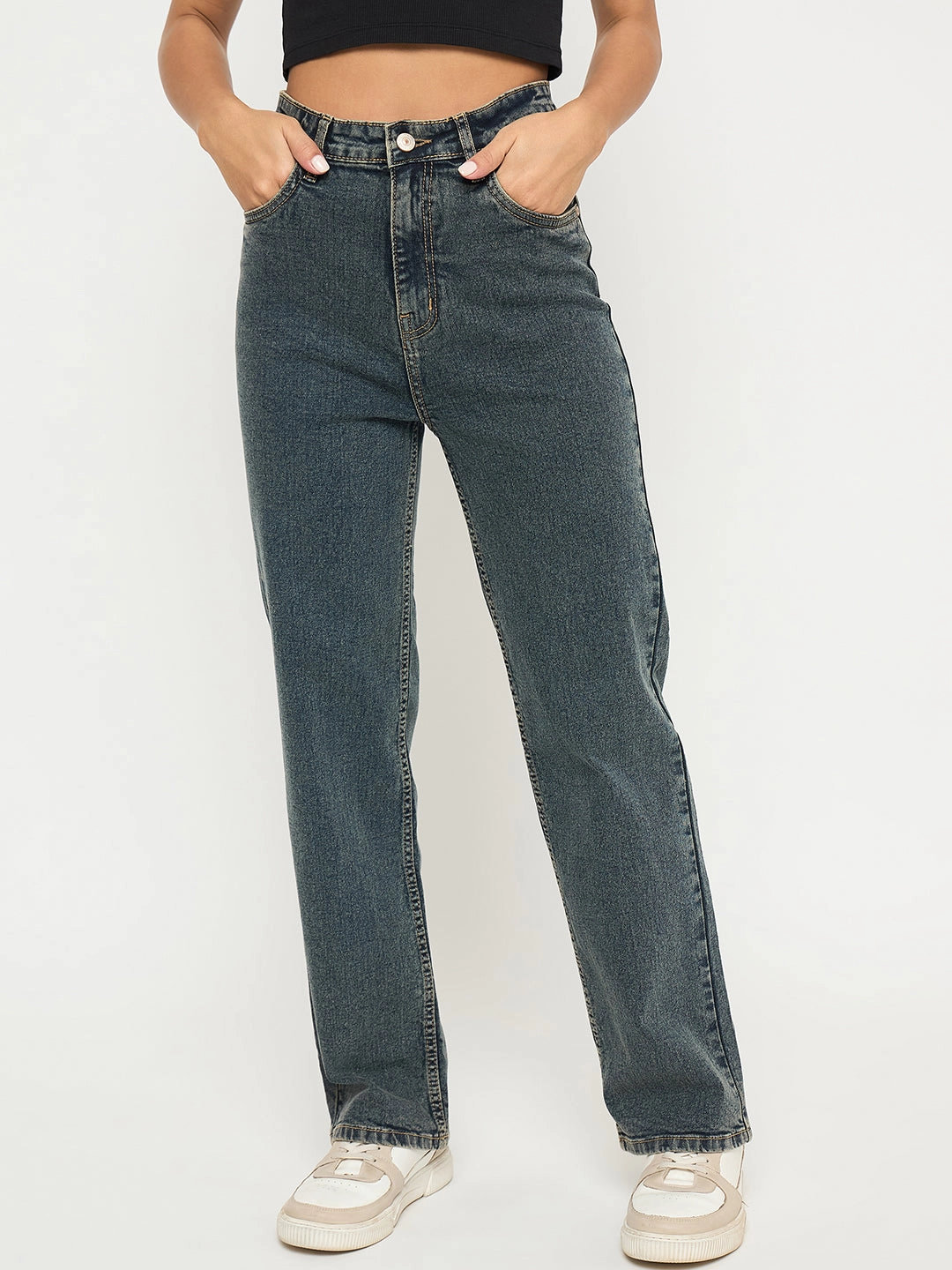 Madame Acid Wash Tinted Yellow Cotton Blend Jeans Stylish Vibrant