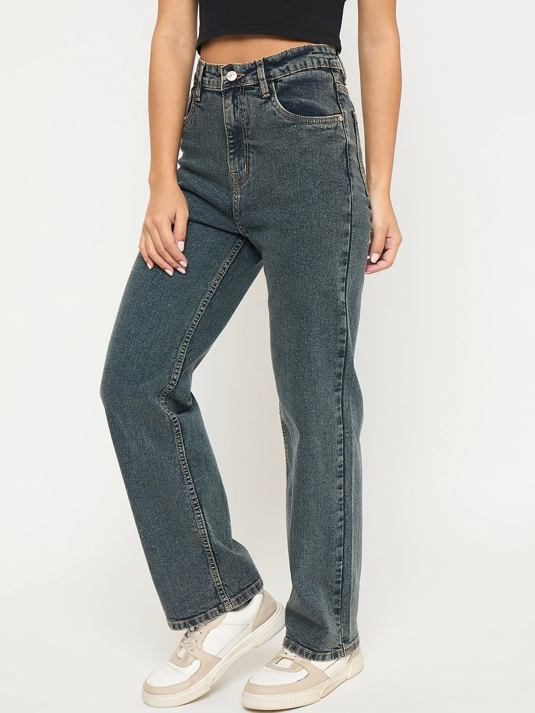 Double Stitched Seams Madame Acid Wash Tinted Yellow Cotton Blend Jeans