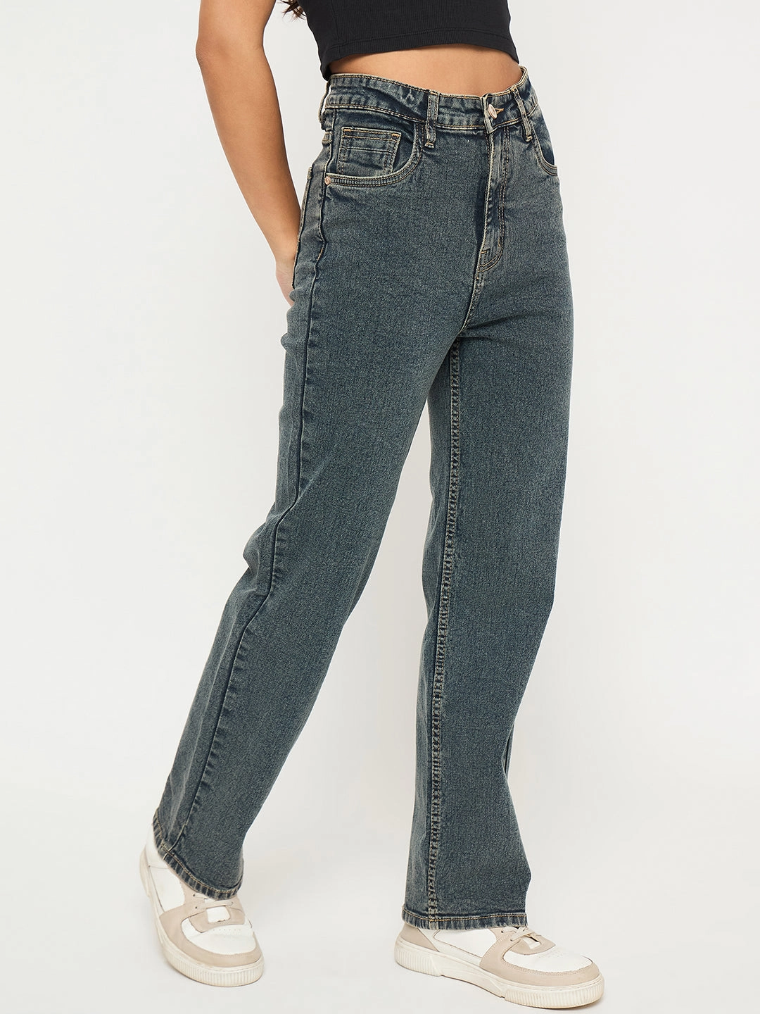 Belt Loop Reinforcement Madame Acid Wash Tinted Yellow Cotton Blend Jeans