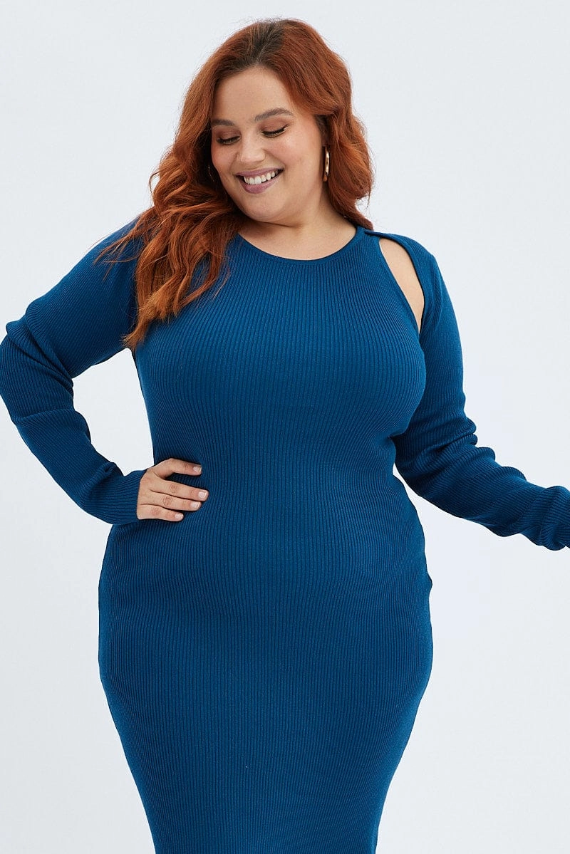 Blue Knit Dress Cutout Shoulder Midi Rib StretchableKnit