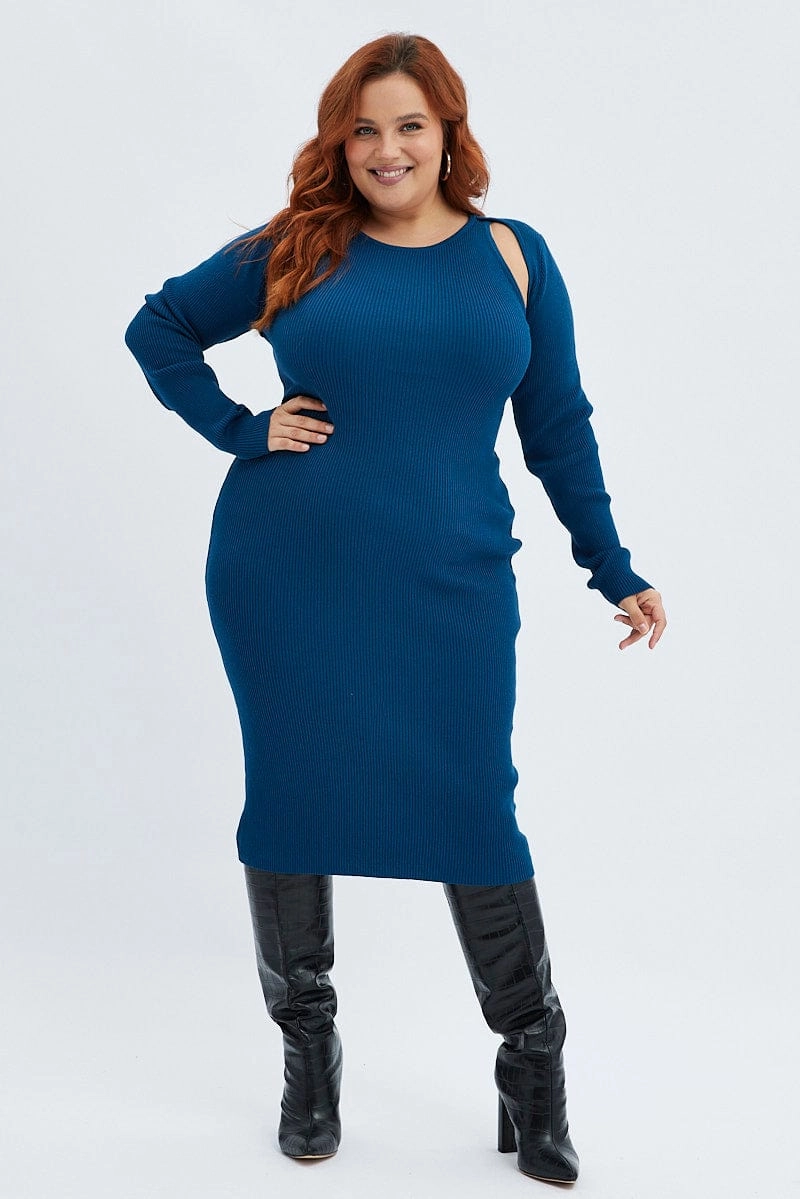 Soft Composition Blue Knit Dress Cutout Shoulder Midi Rib