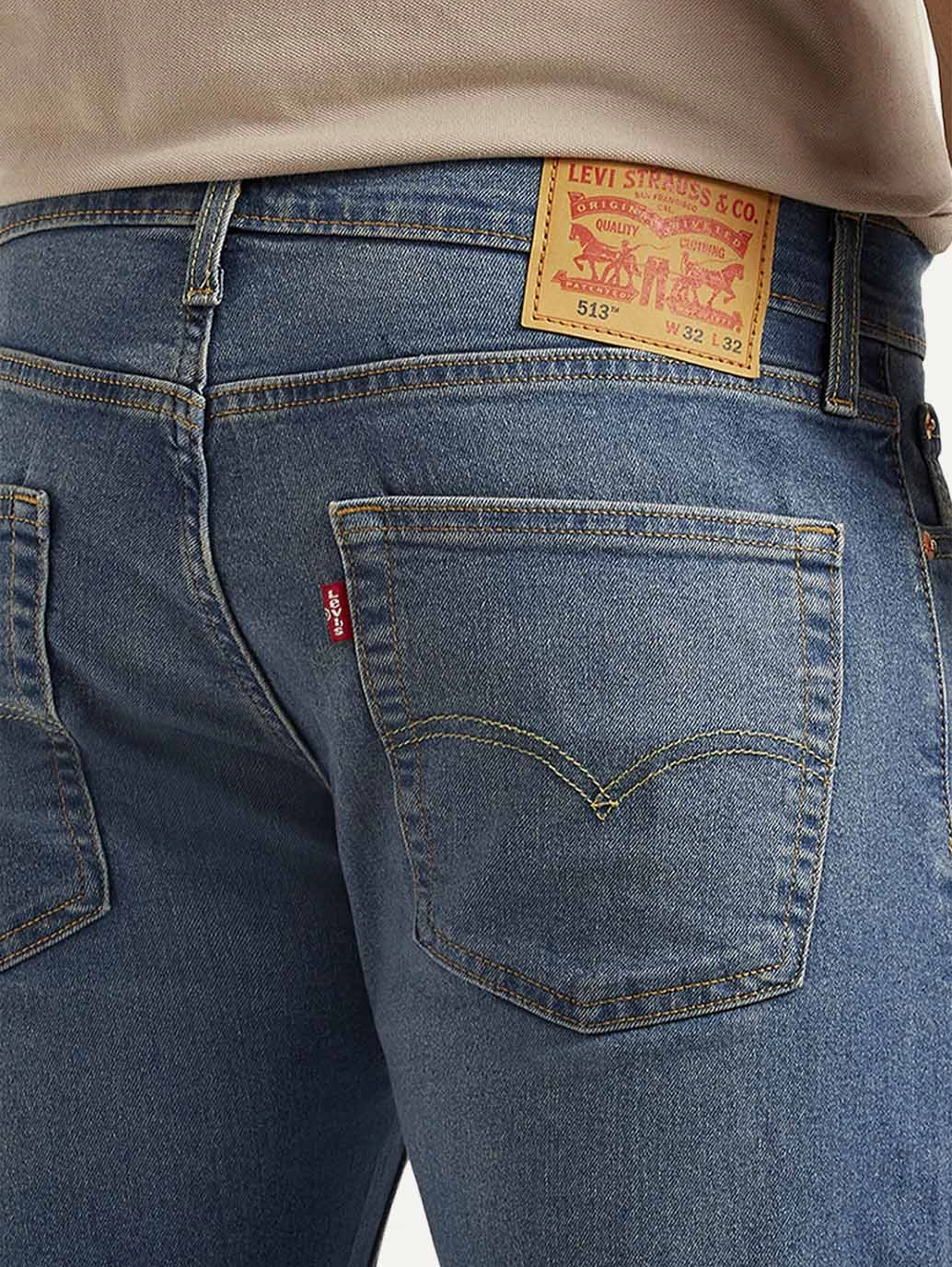 Men's 513 Med Indigo Slim Straight Fit Mid Rise Jeans Laidback Style Travel Outfit Evening Stroll Minimalist