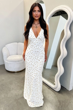 Minimalist-Design Smooth Edge Finishing Naf V-Neck Maxi Dress - Yellow Floral