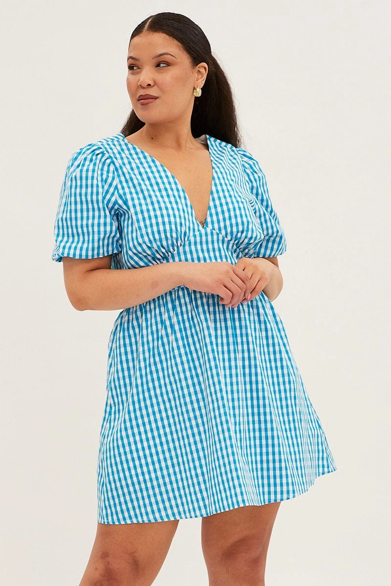 Blue Check Midi Dress Short Puff Sleeve V-neck Gingham Easy Go