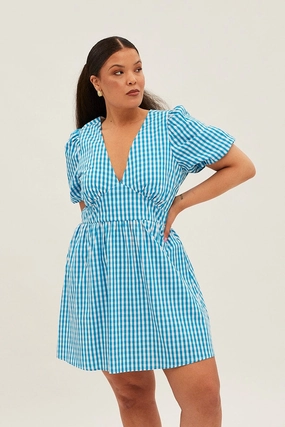 Blue Check Midi Dress Short Puff Sleeve V-neck Gingham Sharp Finish Light Wrap