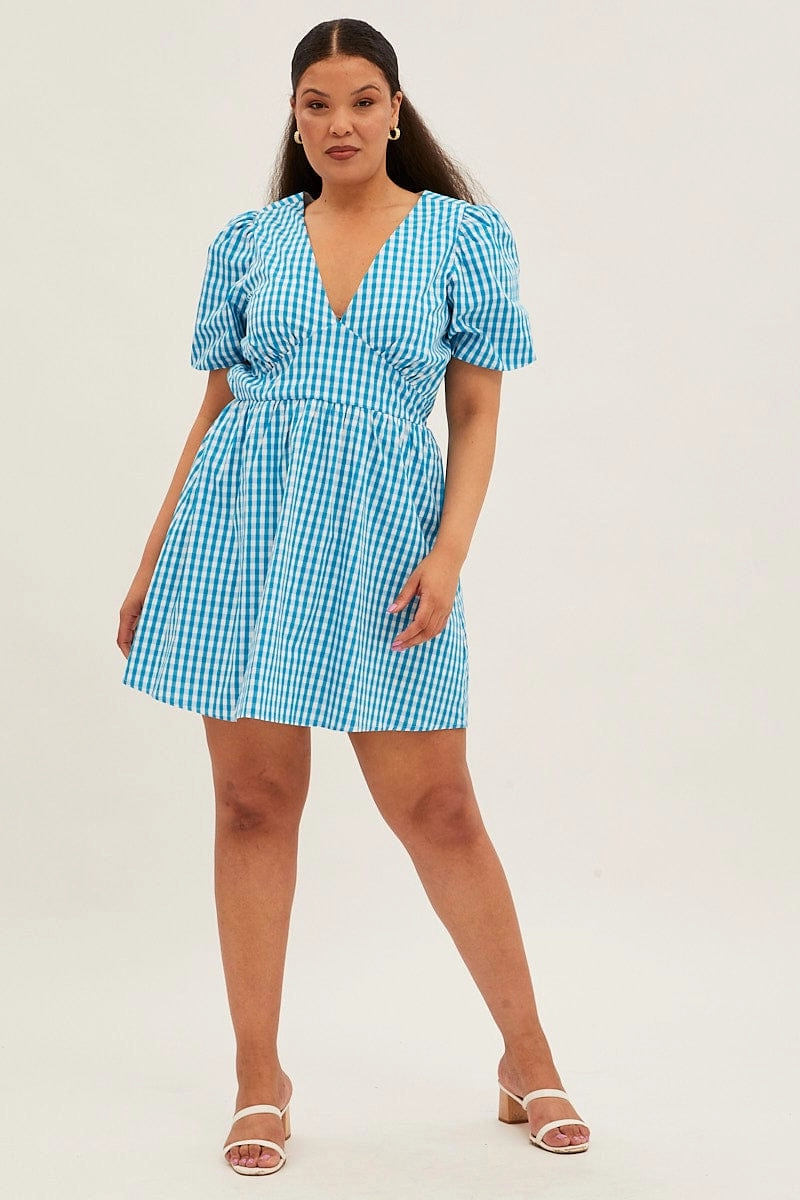 Blue Check Midi Dress Short Puff Sleeve V-neck Gingham Drape Wave