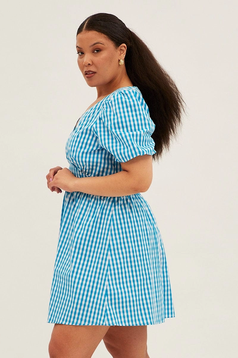 Elegant Line Fitted Look Blue Check Midi Dress Short Puff Sleeve V-neck Gingham