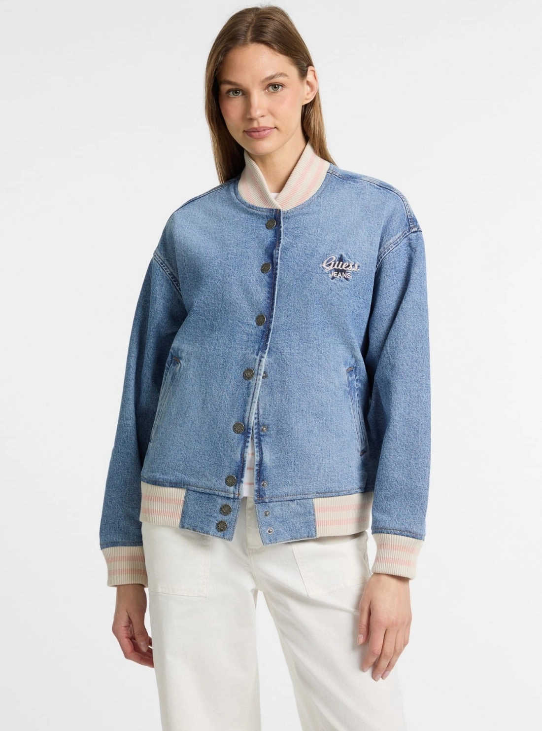 RubberizedTrim Multi Layer Construction Guess Jeans Eco Blue Denim Varsity Jacket