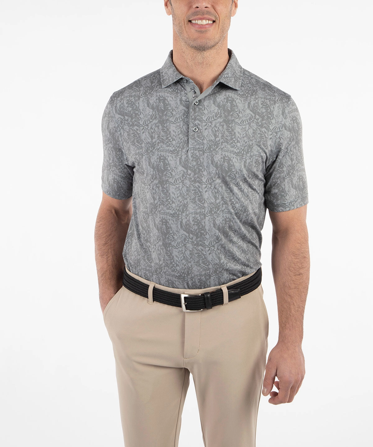 Layering Fashion Performance Jersey Tonal Leaf Print Polo