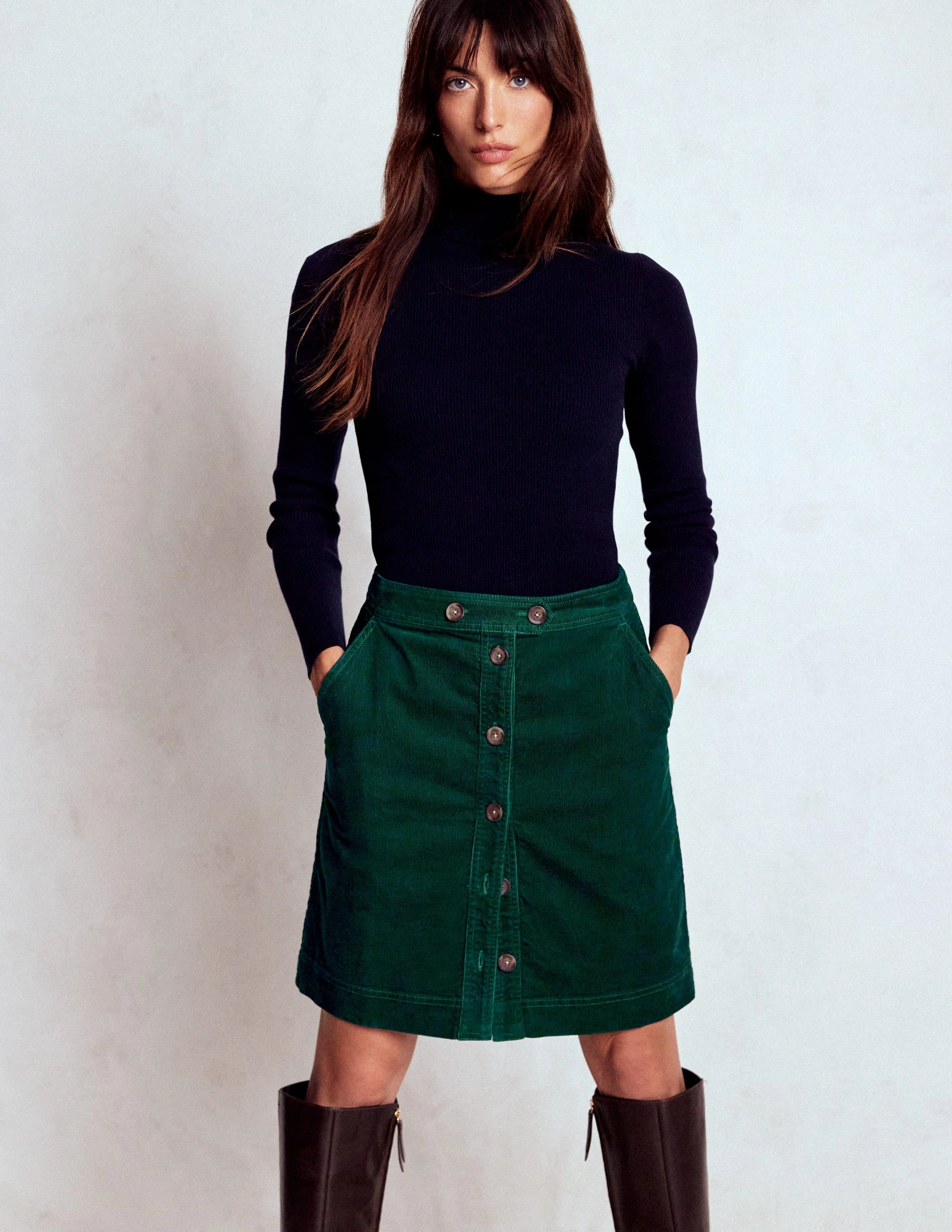 Chill Tones Ethically Made Cecelia Cord Skirt-Emerald Night