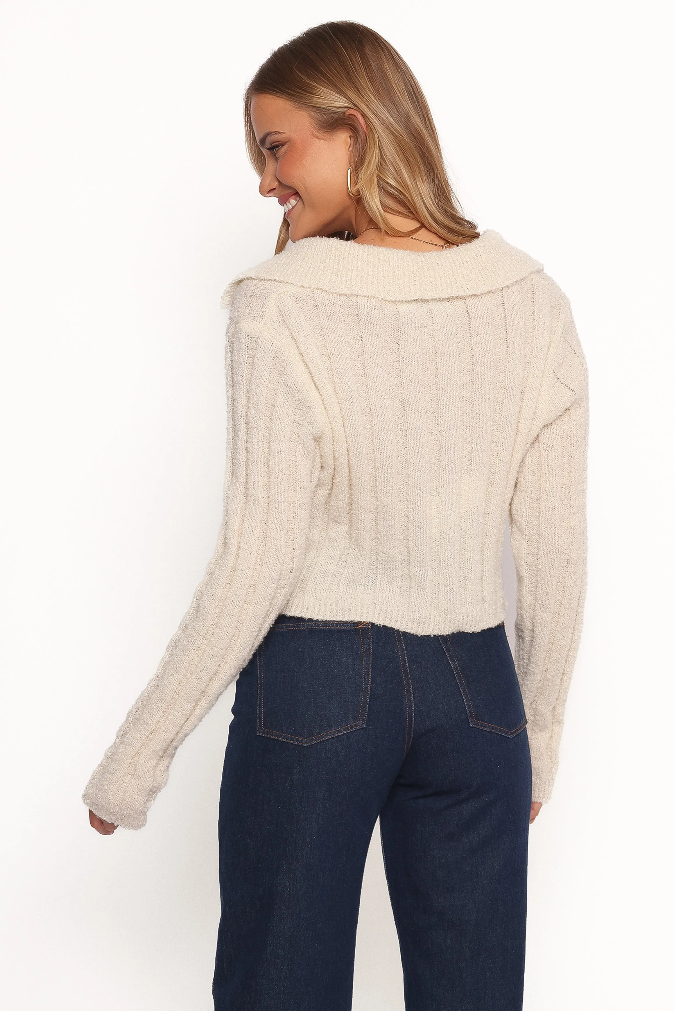 Romy Collar Knit Sweater - Ecru Cozy Weekend Breathable Merino Wool