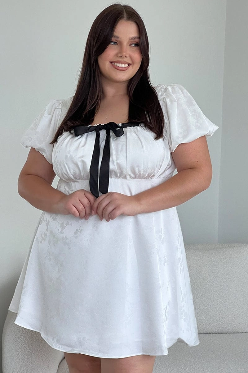 White Ruched Bust Mini Dress Puff Sleeve Ribbon Detail soft look Stylish Appearance