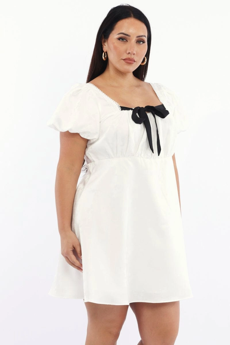 White Ruched Bust Mini Dress Puff Sleeve Ribbon Detail Comfortable Silhouette Simple Texture