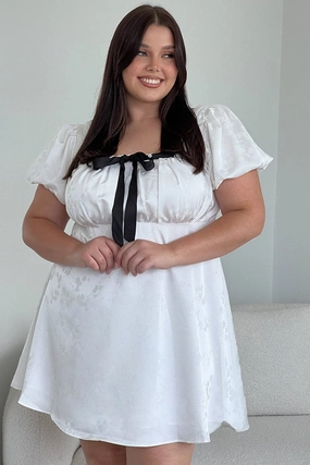 White Ruched Bust Mini Dress Puff Sleeve Ribbon Detail soft look Stylish Appearance